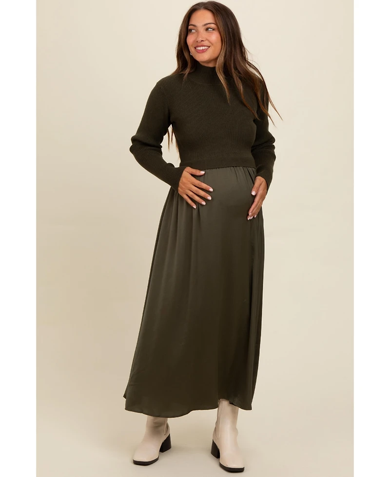 Pinkblush Maternity Olive Knit Contrast Top Satin Midi Dress