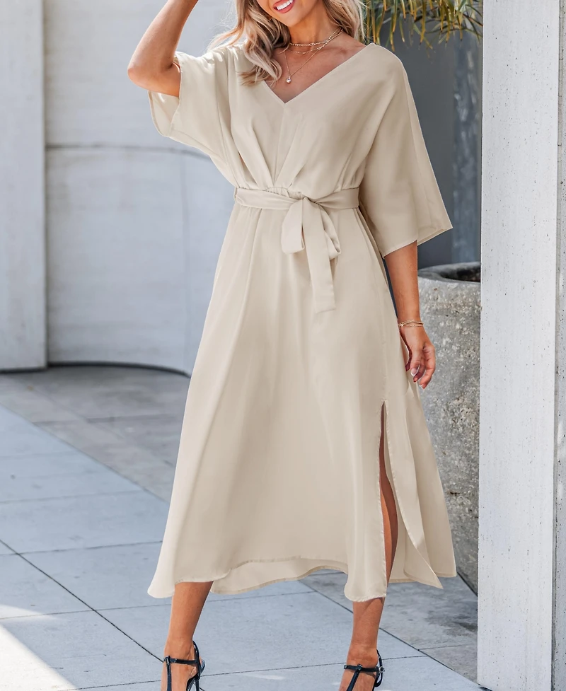 Cupshe Women's V-Neck Belted Midi Beach Dress