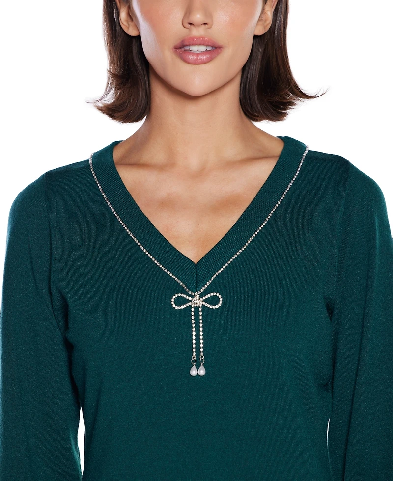 Belldini Women's V-Neck Rhinestone-Bow Sweater