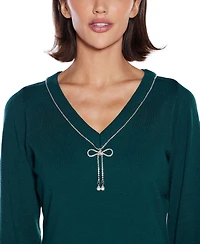 Belldini Women's V-Neck Rhinestone-Bow Sweater