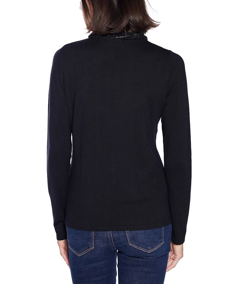 Belldini Women's Black Label Rhinestone-Neckline Chiffon-Sleeve Sweater