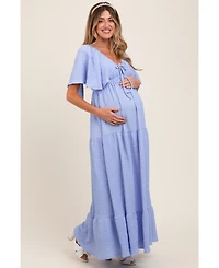 Pinkblush Light Blue Woven Textured Flutter Sleeve V-Neck Tiered Maternity Maxi Dress