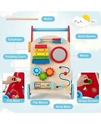Gymax Wooden Baby Walker Baby Push Walker w/ Handle Storage & Wheels Walker Toy