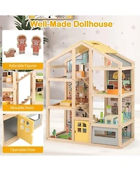 Wooden Dollhouse for Kids Modern Family Pretend Playhouse with Furniture Pieces and Figures