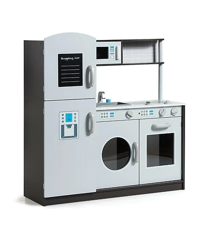 Kids Wooden Play Kitchen Set with Stove Sink Microwave Oven and Storage