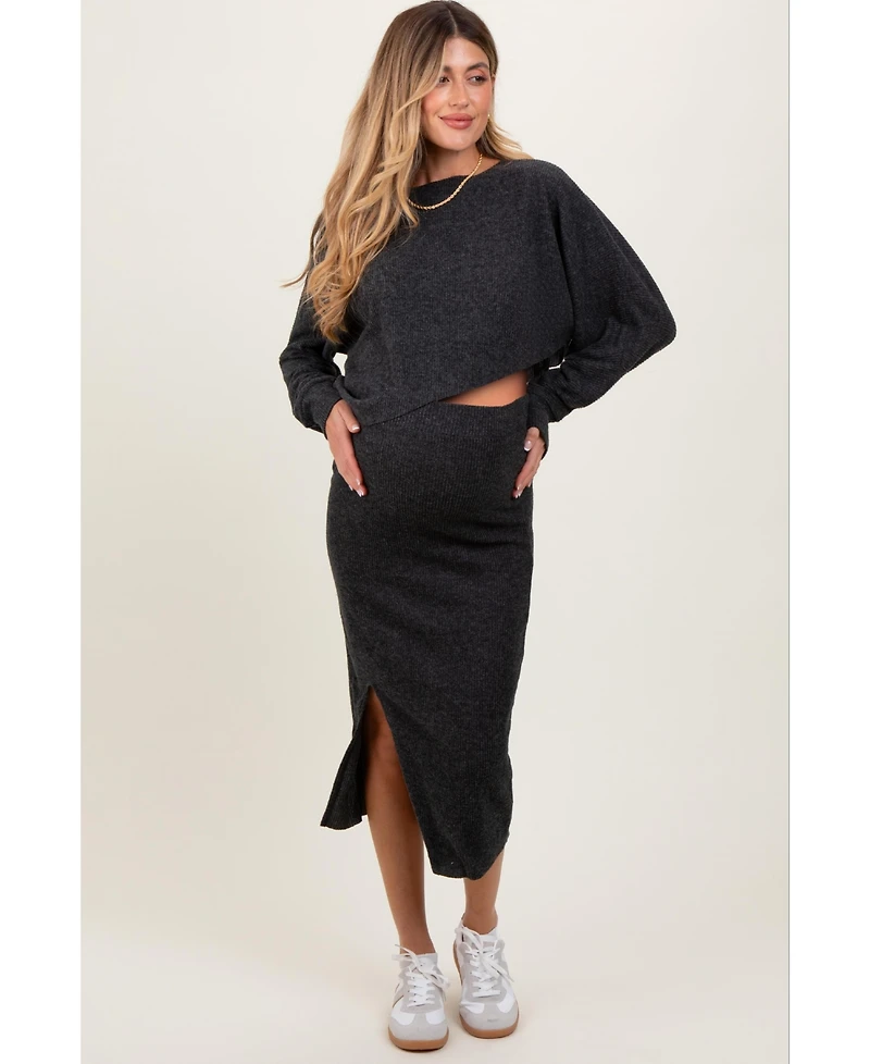 Pinkblush Maternity Charcoal Ribbed Knit Asymmetric Top Midi Skirt Set