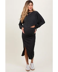 Pinkblush Maternity Charcoal Ribbed Knit Asymmetric Top Midi Skirt Set