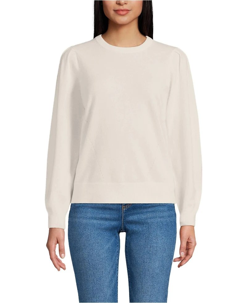 Lands' End Women's Cashmere Puff Sleeve Crew Neck Sweater