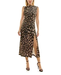 Taylor Women's Cowl Neck Animal-Print Ruched Velvet Dress