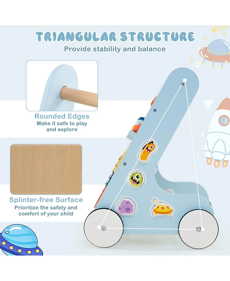 Gymax Wooden Baby Walker Push & Pull Learning Activity Center w/ Wheels Push Toy