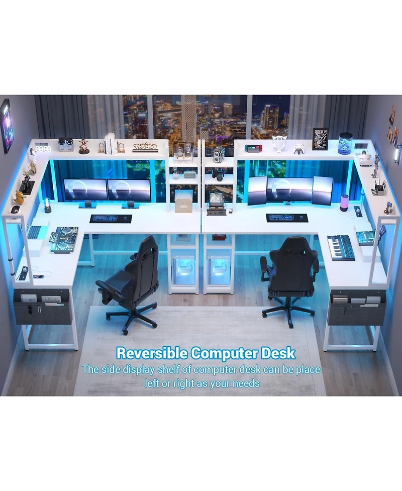 Aheaplus L-Shaped Desk with Hutch & Power Outlet, Corner Computer Led Lights