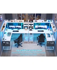 Aheaplus L-Shaped Desk with Hutch & Power Outlet, Corner Computer Led Lights