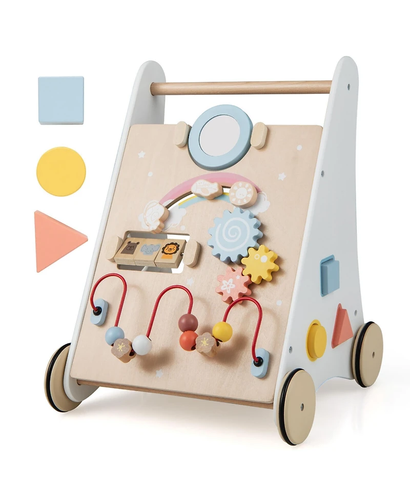 Gymax Toddler Wooden Walker Activity Center with Mirror Shape Sorter for 1+ Year Old