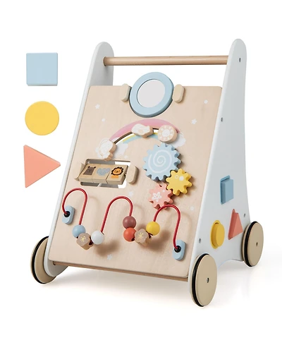Gymax Toddler Wooden Walker Activity Center with Mirror Shape Sorter for 1+ Year Old
