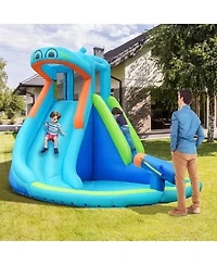 Inflatable Hippo Water Slide with Climbing Wall and Splash Pool for Kids