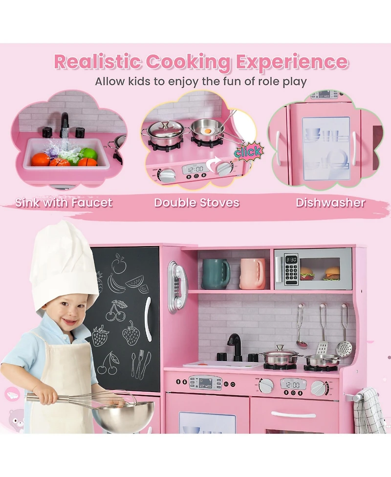 Kids Pretend Play Kitchen with Blackboard Microwave Ice Maker and Storage