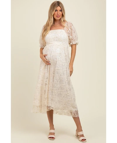 Pinkblush Women's Cream Floral Mesh Overlay Tie Back Maternity Midi Dress