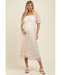 Pinkblush Women's Cream Floral Mesh Overlay Tie Back Maternity Midi Dress