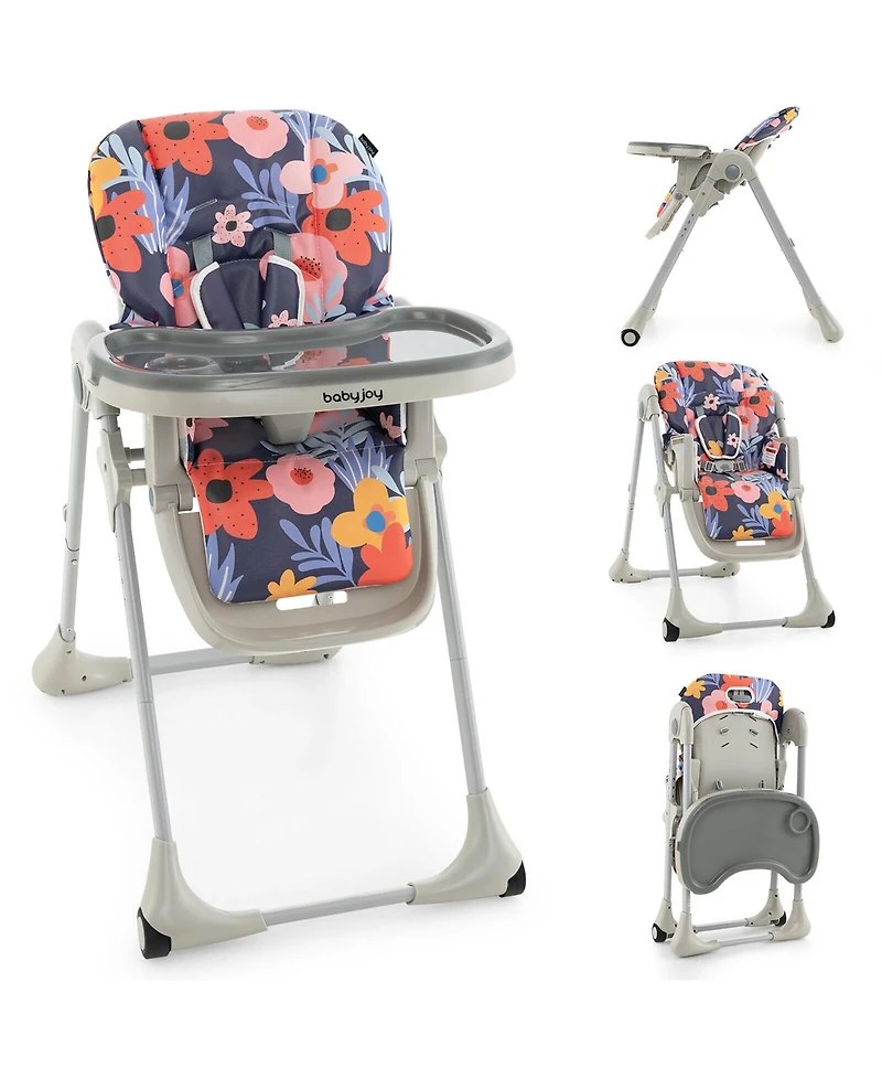 Gymax Baby High Chair w/ 7 Height & 3 Footrest Adjustable Cup holder 2 Wheels Flower