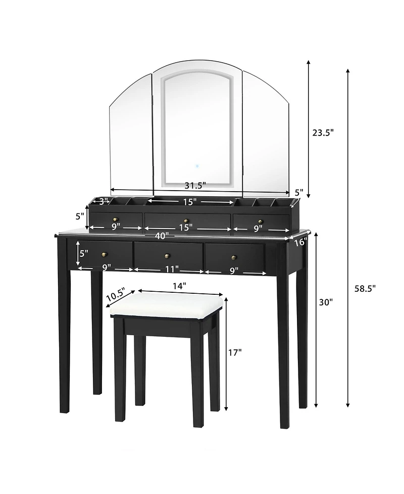 Volenca Vanity Table Stool Set with Large Tri-folding Lighted Mirror