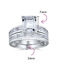Bling Jewelry Art Deco Style 2CT Cz Emerald Cut & Channel Baguette Band Promise Ring Set Sterling Silver