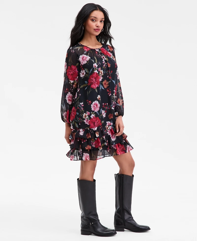 Robbie Bee Petite Floral Long-Sleeve Tiered-Hem Dress