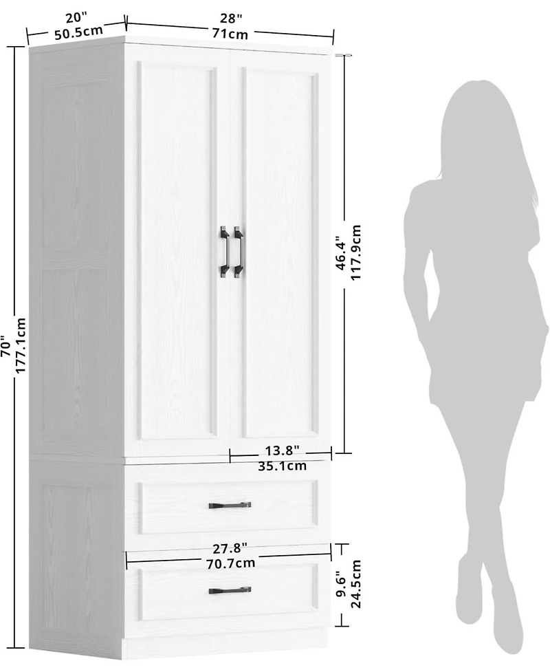 Likimio Freestanding Wardrobe Wardrobe with 2 Doors and 2 Drawers, White