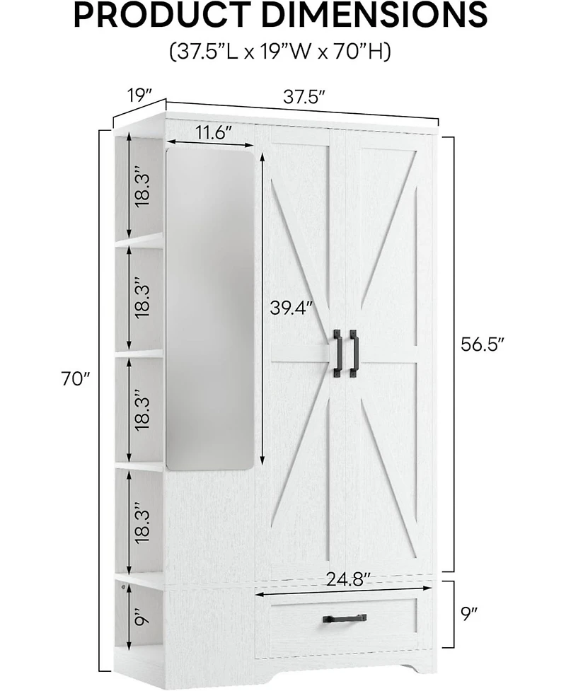 Likimio Wooden Wardrobe with Mirror, 2 Doors, Drawer, and Shelves, White
