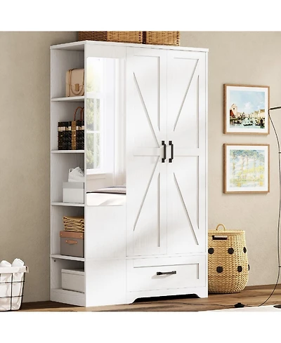 Likimio Wooden Wardrobe with Mirror, 2 Doors, Drawer, and Shelves, White