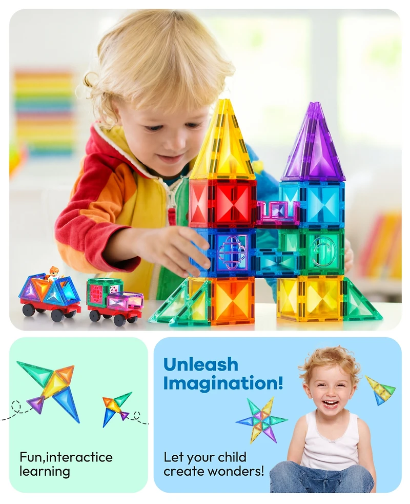 120 Piece Building Magnetic Tiles Clear Diamond Surface Magnetic 3D Blocks Construction Playboards