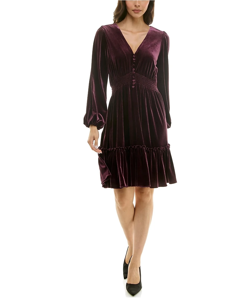 Taylor Women's V-Neck Smocked-Waist Long-Sleeve Velvet Dress