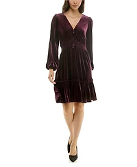 Taylor Women's V-Neck Smocked-Waist Long-Sleeve Velvet Dress