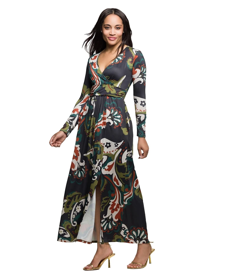 24seven Comfort Apparel Women's Green Paisley Print Long Sleeve Wrap Maxi Dress
