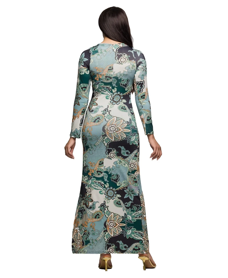24seven Comfort Apparel Women's Green Paisley Print Long Sleeve Side Slit Maxi Dress