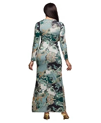 24seven Comfort Apparel Women's Green Paisley Print Long Sleeve Side Slit Maxi Dress