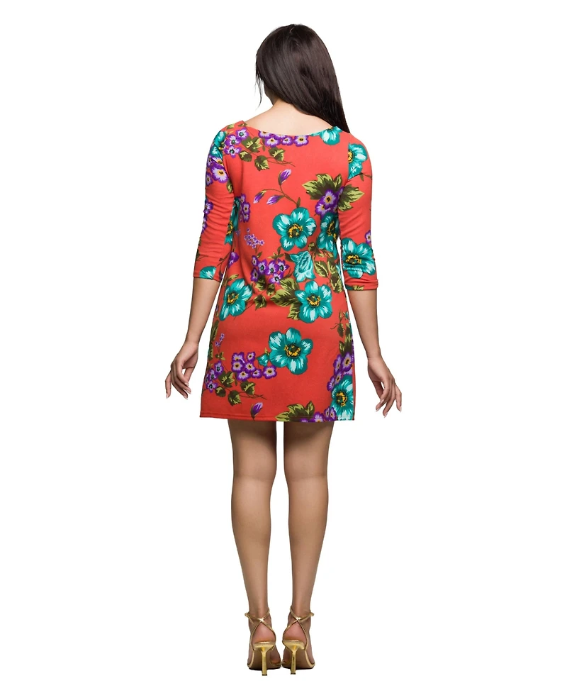 24seven Comfort Apparel Women's Orange Floral Print Three Quarter Sleeve A Line Knee Length Dress