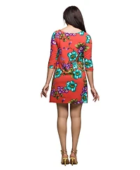 24seven Comfort Apparel Women's Orange Floral Print Three Quarter Sleeve A Line Knee Length Dress
