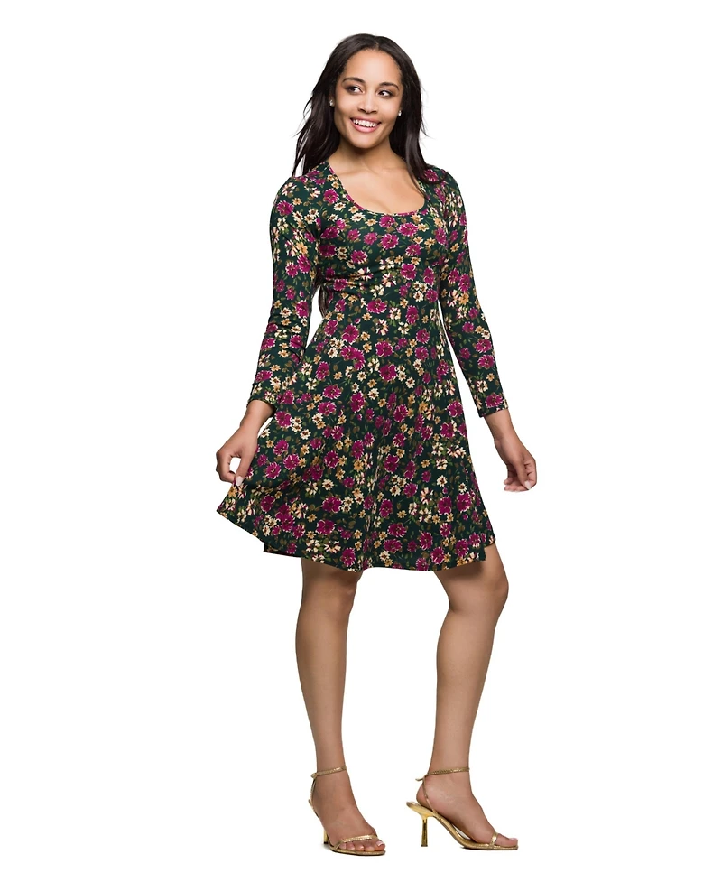 24seven Comfort Apparel Women's Floral Print Long Sleeve Fit and Flare Mini Dress