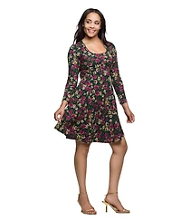 24seven Comfort Apparel Women's Floral Print Long Sleeve Fit and Flare Mini Dress