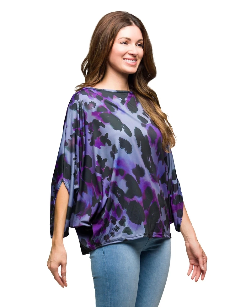 24seven Comfort Apparel Women's Purple Animal Print Boat Neck Dolman Sleeve Top