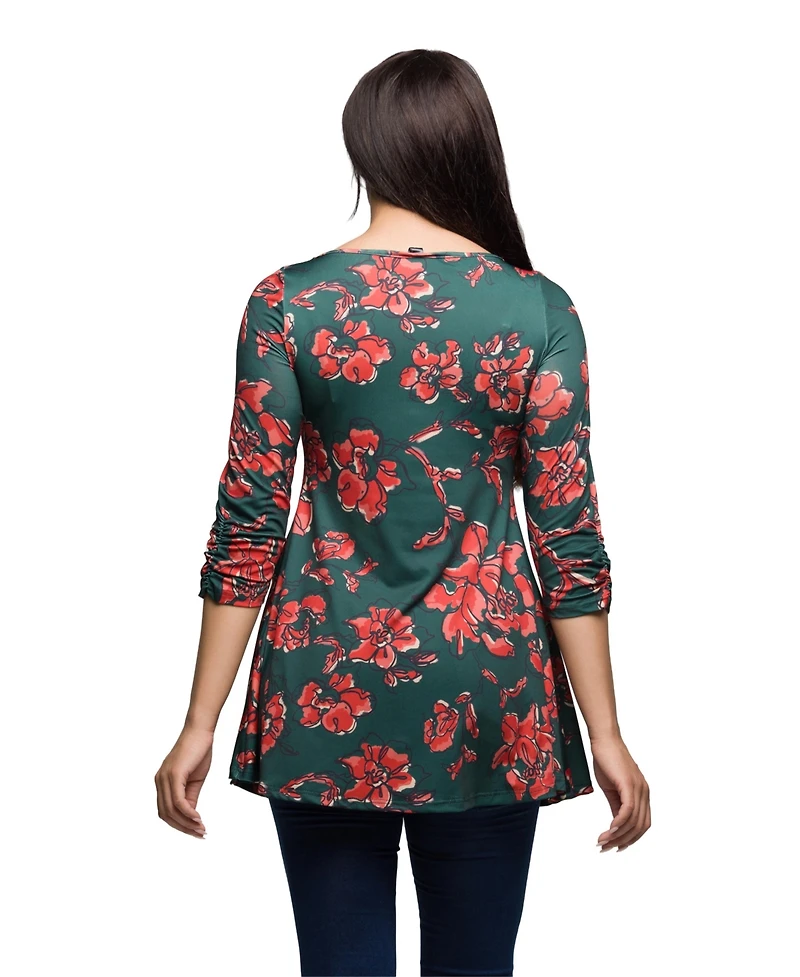 24seven Comfort Apparel Women's Green Floral Print Three Quarter Sleeve Tunic Top