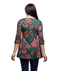24seven Comfort Apparel Women's Green Floral Print Three Quarter Sleeve Tunic Top