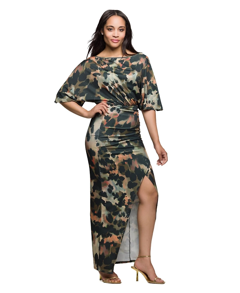 24seven Comfort Apparel Women's Green Abstract Print Batwing Sleeve Maxi Dress