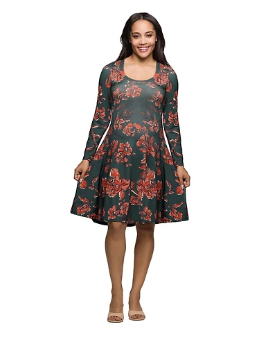 24seven Comfort Apparel Women's Long Sleeve Fit and Flare Dress