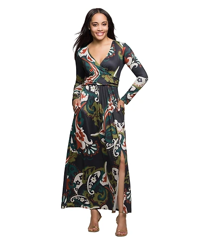24seven Comfort Apparel Women's Green Paisley Print Long Sleeve Wrap Maxi Dress