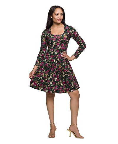 24seven Comfort Apparel Women's Floral Print Long Sleeve Fit and Flare Mini Dress