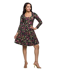 24seven Comfort Apparel Women's Floral Print Long Sleeve Fit and Flare Mini Dress
