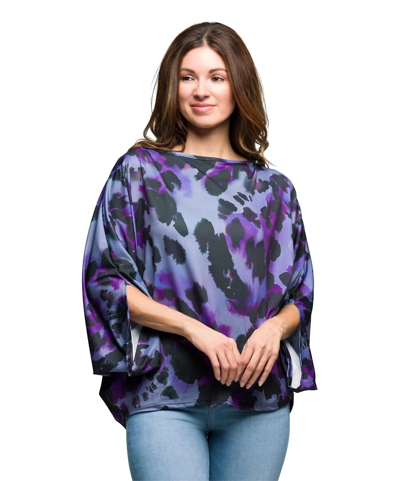 24seven Comfort Apparel Women's Purple Animal Print Boat Neck Dolman Sleeve Top