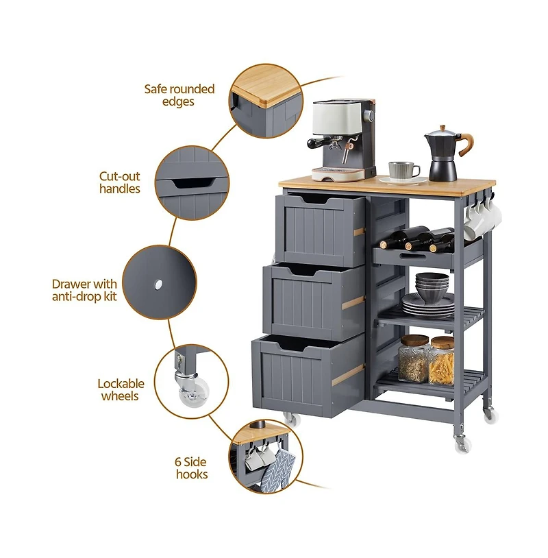 Yaheetech 33 H Rolling Kitchen Storage Serving Cart Dark Gray