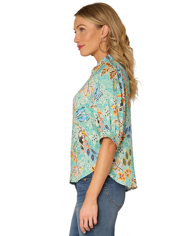 Democracy Women's Petite Printed Ruffle Edge Collar Top